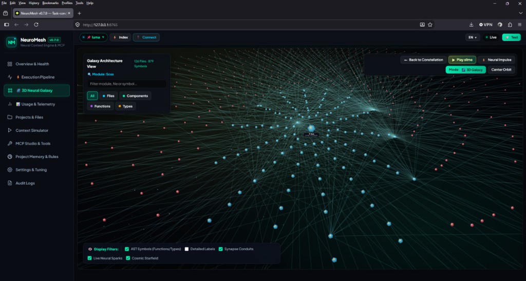 3D Neural Galaxy file graph with Physarum tubes